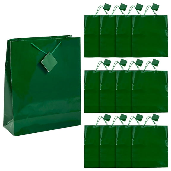 12" x 14 1/2" Extra Large Green Paper Gift Bags with Tags - 12 Pieces