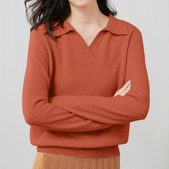 Polo Pullover Sweater Sweaters for Women Long Sleeve Lightweight Knit Oversized Dressy Tops Soft Knit Polo Sweater Knitted Pullover Polo Shirts Soft Warm Cozy Pullover Sweater Orange XXL