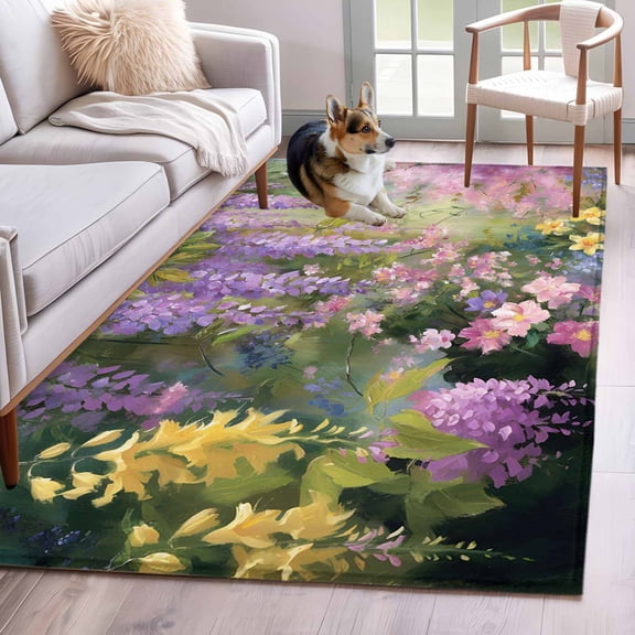 3'x5' Rug for Living Room Bedroom, Spring Flower Washable Area Rugs Non-Slip Carpet Mats, Garden Blossom Fantasy Floral Pastoral Oil Painting Indoor Low Pile Area Rug Runner for Kitchen, Mudroom
