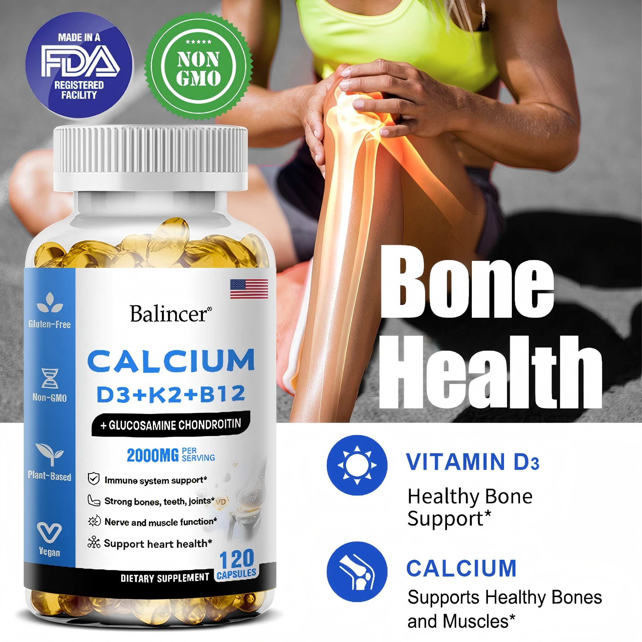 Balincer Calcium & Vitamin D3 Supplement, with Calcium D3+K2+B12, Support Immune Health, 120 Capsules