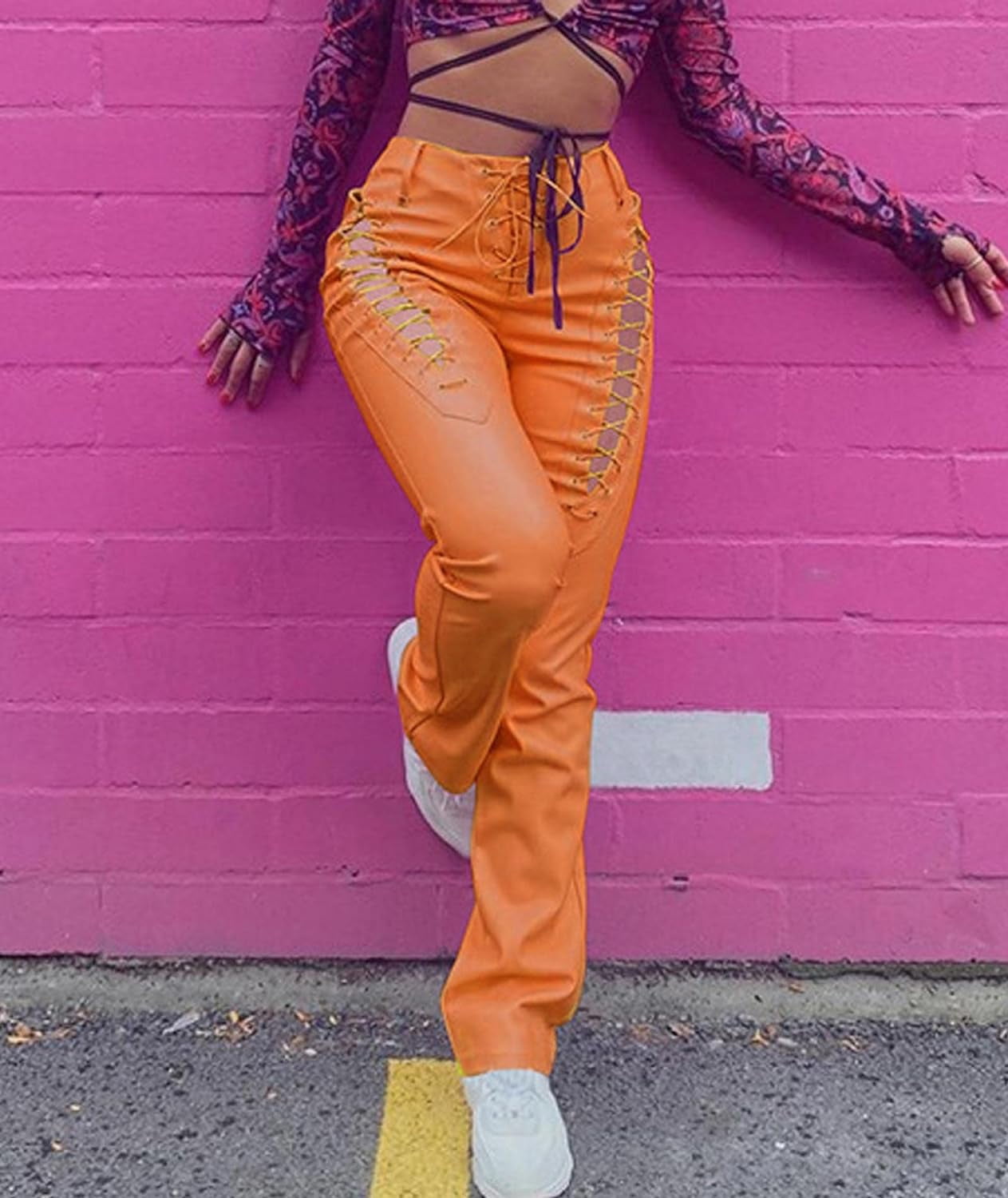 HLSOHJP Women's Lace Up PU Leather Pants Chic High Waist Hollow Out Drawstring Bandage Cut Out Faux Leather Trousers