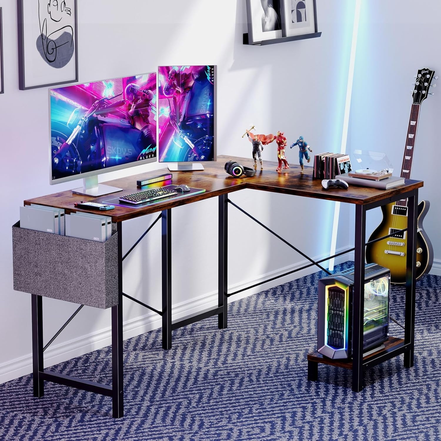 Bigleap L Shaped Computer Desk - Gaming Table Corner Desk 50 Inch PC White Writing Desk Study Desks with Wooden Desktop CPU Stand Side Bag Reversible for Home Office Room Small Space, Brown