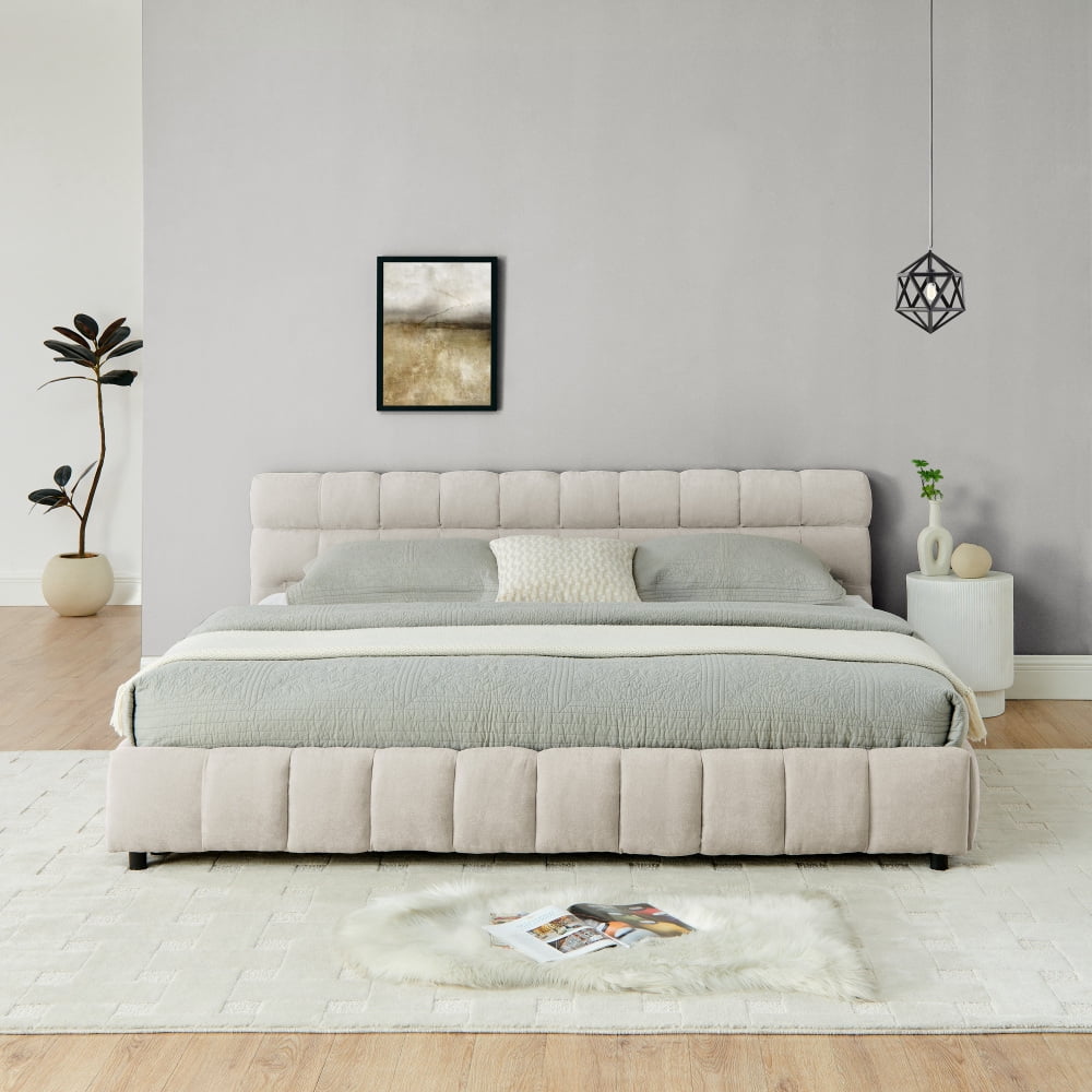 Hassch Platform Bed, King Size Modern Chenille Fabric Upholstered Grounded Bed Frame with Four Storage Drawers, Pink