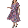thumbnail image 4 of Agnes Orinda Women's Plus Size Dress Floral Print Crew Neck Tulip Short Sleeve Flowy Summer Midi A Line Dresses with Pocket 1X Black Purple, 4 of 6