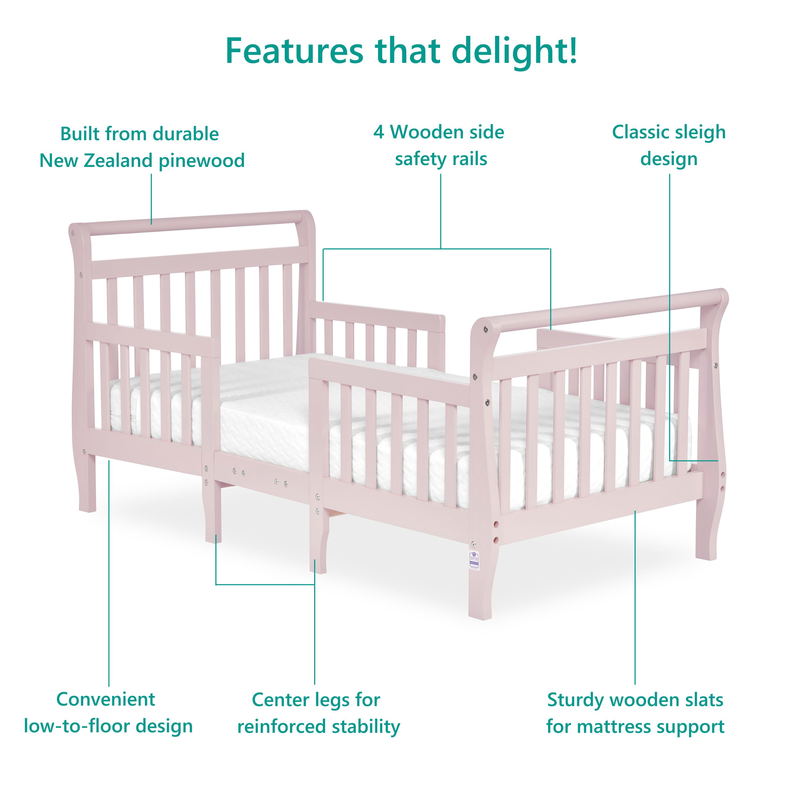 Dream On Me Emma 3-in-1 Convertible Toddler Bed, Blush Pink, Model #649-BP