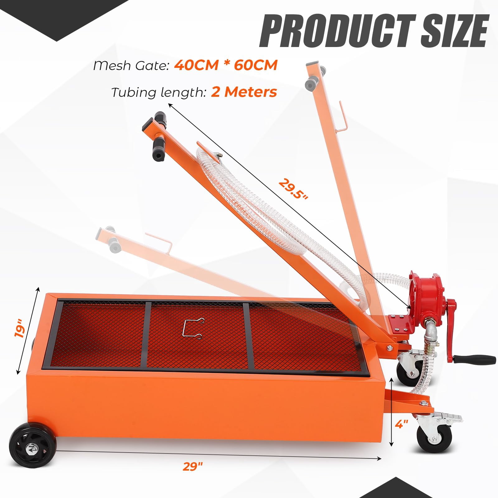 Memoryfield 15 Gallon Low Profile Waste Oil Drain Pan with Manual Pump, Rolling Oil Drain Cart with 8 ft Hose & Folding Handle, for Trucks, RVs & Buses, Orange