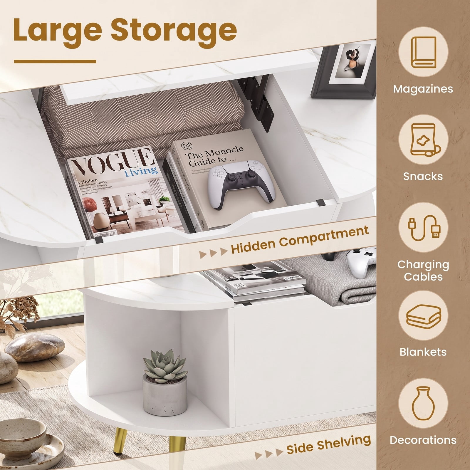 Furnibear Faux Marble Lift Top Coffee Table with Hidden Compartment and Side Shelves, 2-in-1 Rectangle Storage Center Table for Living Room, Engineered Wood &, White
