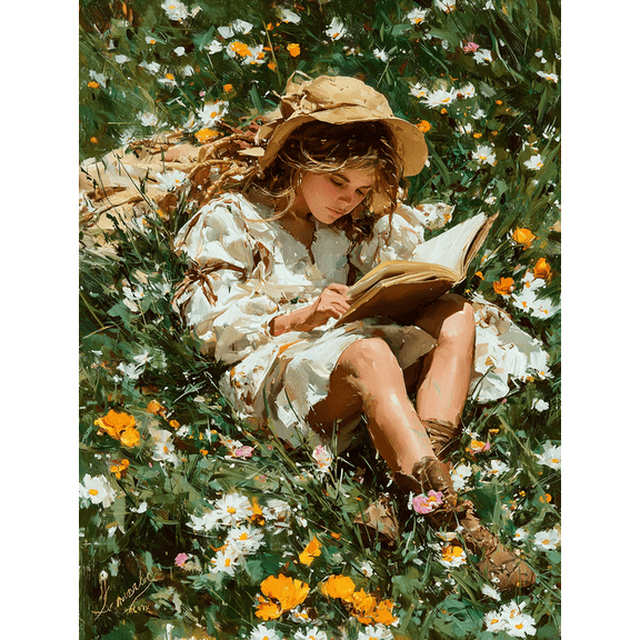 Girl Reading Meadow Cottagecore Canvas Print, Book Lover Nature Inspired Cozy Home Wall Decor Art