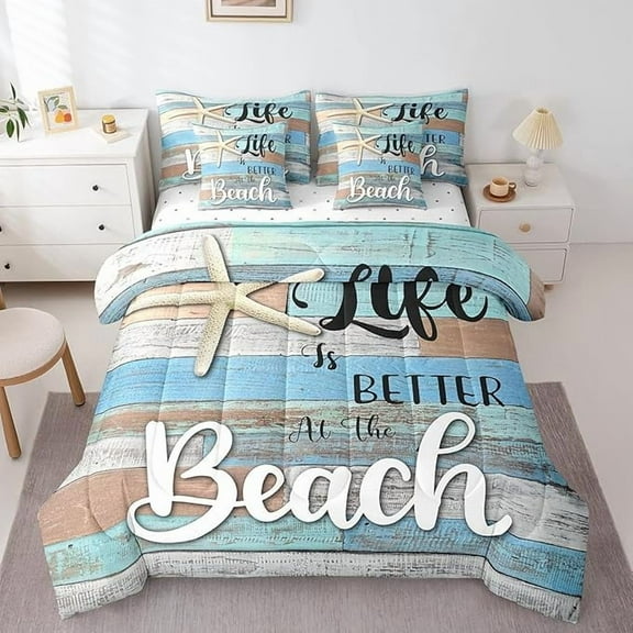 Summer Beach Comforter Set 7 Pieces, Tropical Beach Life Bed Set Twin, Blue Wooden Plank Bedding with 1 Comforter,1 Fitted Sheet,1 Flat Sheet,2 Pillowcases,2 Throw Pillow Cover
