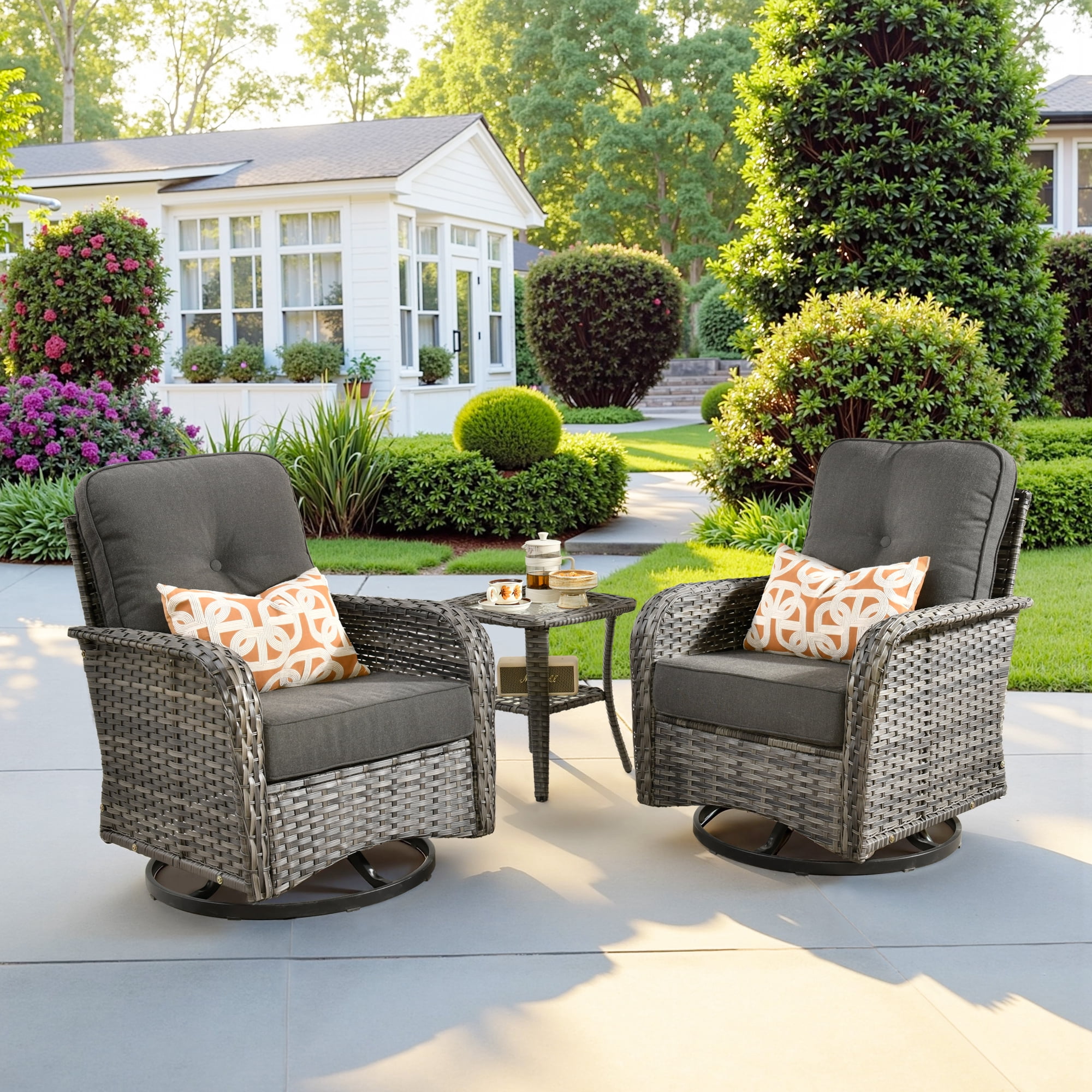 Ovios 3 Pieces Outdoor Patio Furniture Set High Back All Weather Wicker Conversation Set with Swivel Chairs, Black
