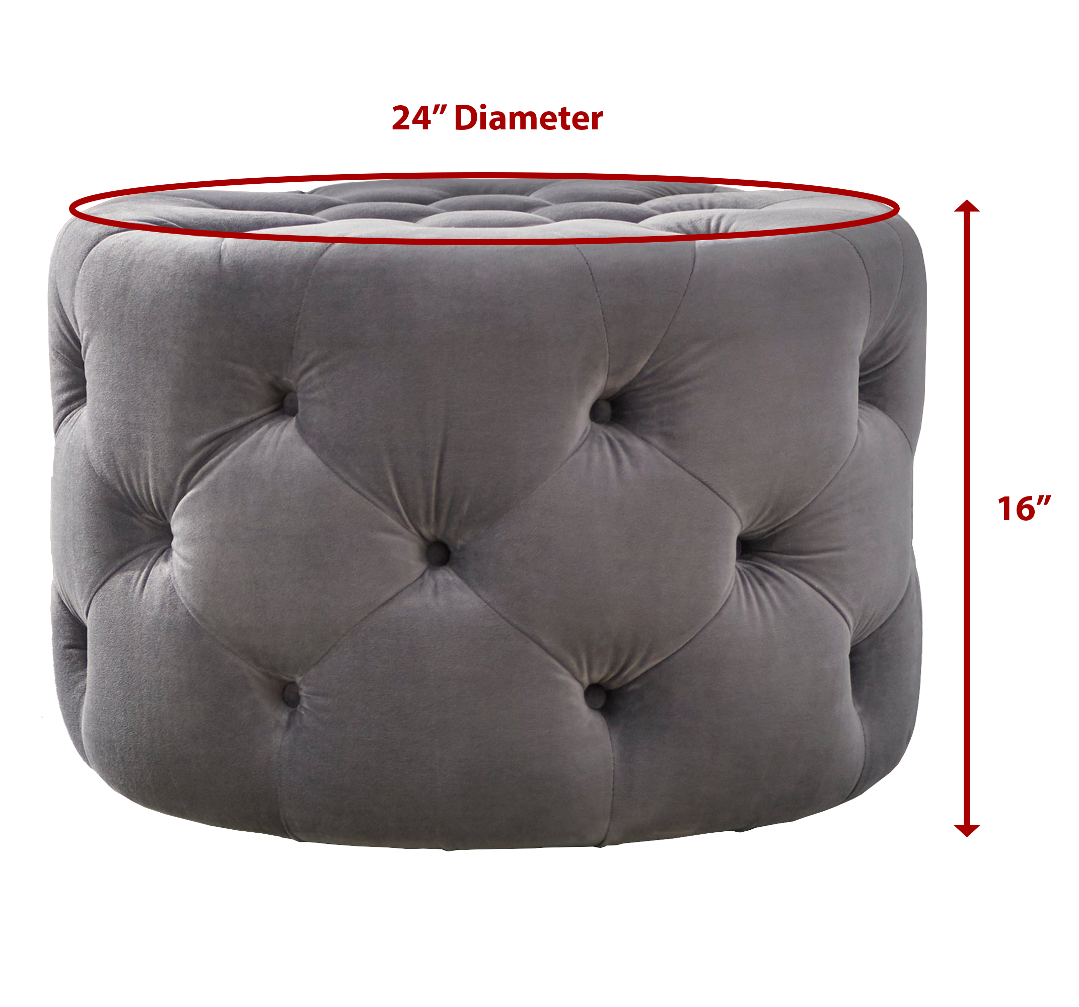 TMS Scopi 24” Transitional Upholstered Round Tufted Wood Ottoman, Gray Velvet