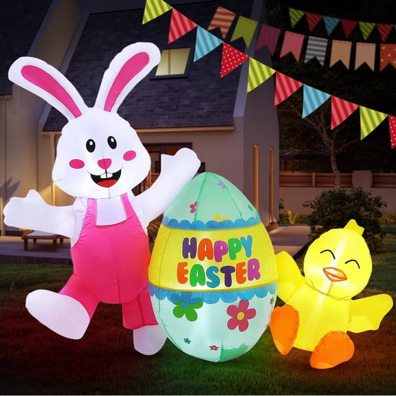 Avoalre Easter Inflatables Decorations, Easter Blow Up 4.9FT Bunny with Chicks & Eggs, Lighted Inflatable for Yard Holiday Party Outdoor Garden, Gift for Kids