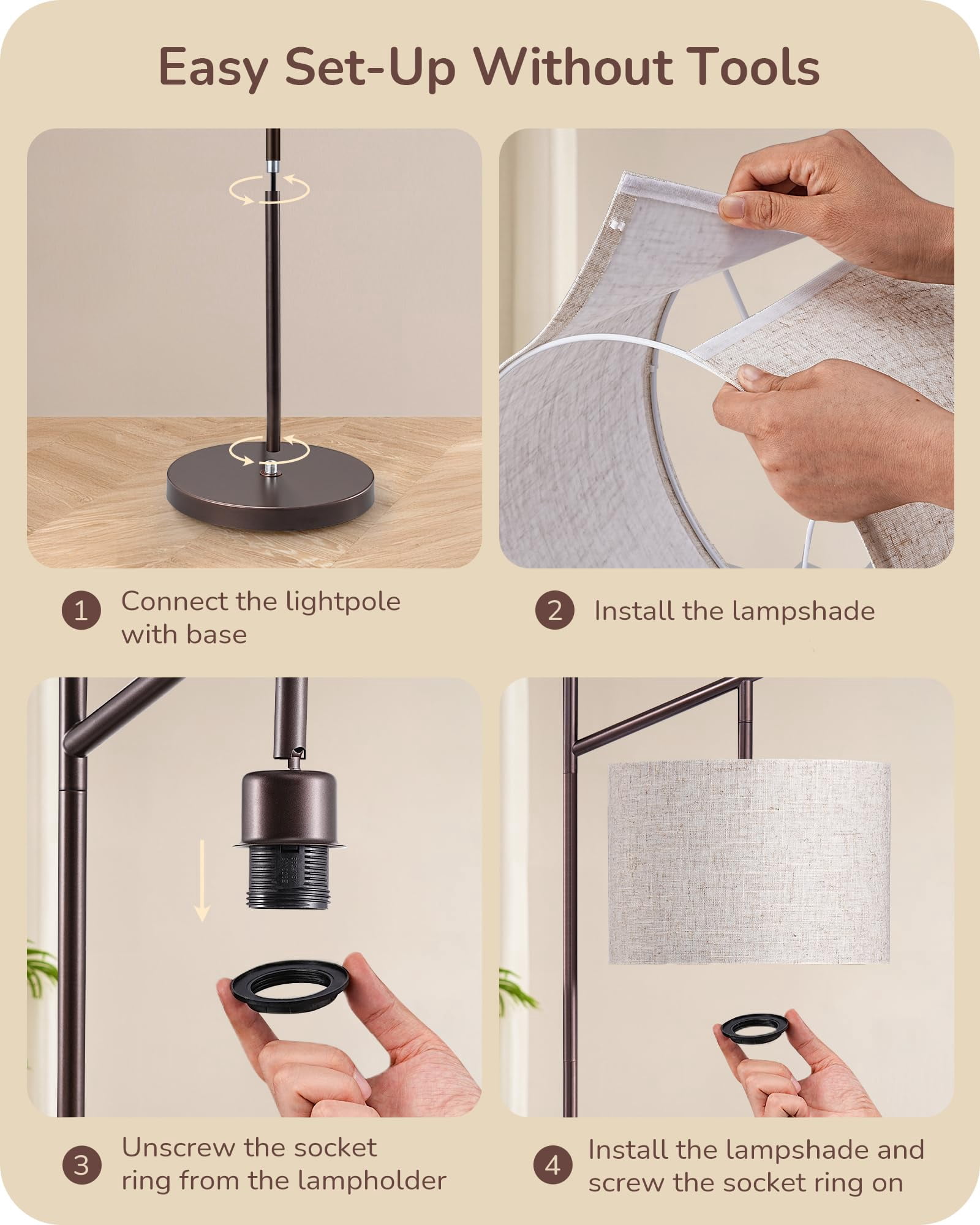 64.7" Modern Minimalist Brown Floor Lamp with Adjustable Linen Shade for Living Room Bedroom Office