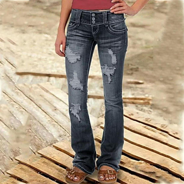 WILLBEST Jeans Mujer Pantalones Vaqueros Acampanados Elásticos para Mujer, de Mezclilla Desgastada a La Moda Con Estampado de Corazones, Ajuste Cómodo E Informal, Diseño Roto para Mujer. Extra Chica