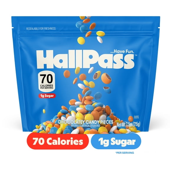 HallPass Chocolatey Candy Pieces Sharing Size, 7.5 oz – Bite-Sized Chocolatey Candy, 70 Calories and 1g Sugar per Serving