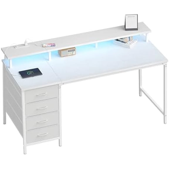 Computer Desk with 4 Drawers,4 Drawer Gaming Desk with with Power Outlets and LED Lights,Office Desk for Small Spaces with Monitor Shelf,Writing Desk for Home Office, Bedroom,Study 39 Inch White
