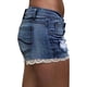 thumbnail image 4 of Pantalones cortos de mezclilla para mujer de cintura baja con encaje en contraste, pantalones cortos de mezclilla rasgados, azul medio, XXL, 4 of 5