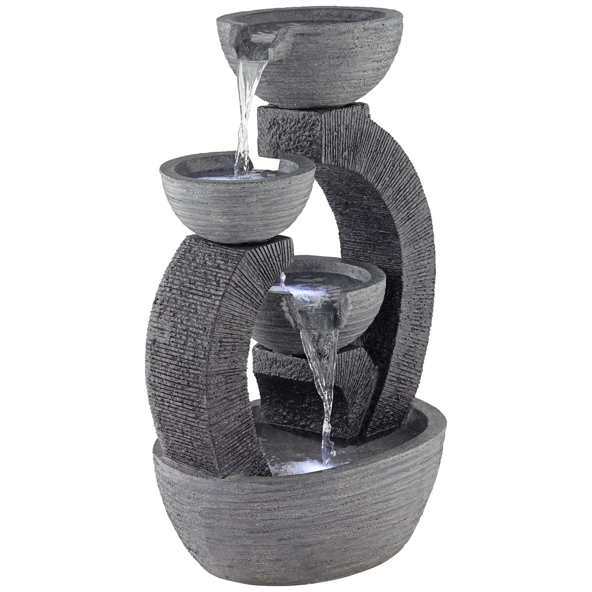 Three Cup 31 1/2" High Large Modern Indoor Outdoor Decor Gray Faux Stone Floor Fountain w/ Light LED Cascading