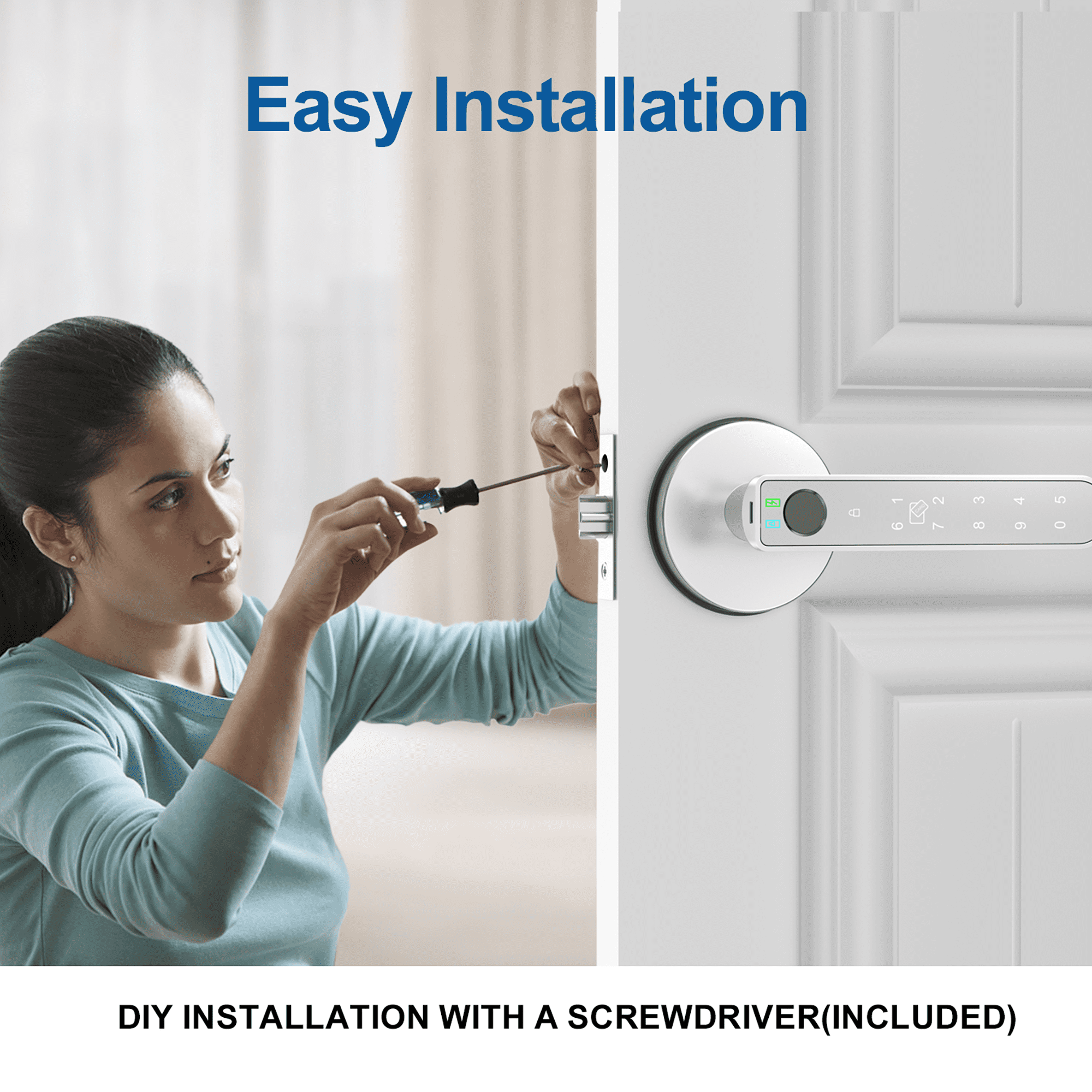 Foxgard Fingerprint Door Lock, Smart Door Knob with APP Control, 100 Fingerprints Biometric Door Lock with Tuya App, Silver