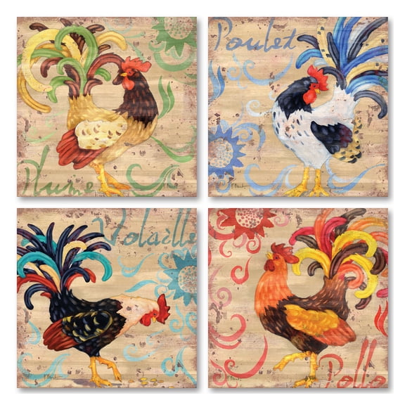 Multi-Color Country Rustic Rooster Adult Kitchen Decor; 4 - 12" x 12" Unframed Prints