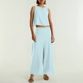 thumbnail image 3 of Conjunto de dos piezas de lino de color liso para mujer: top corto sin mangas con botones y pantalones de pierna ancha, tejido transpirable para el verano, 3 of 8