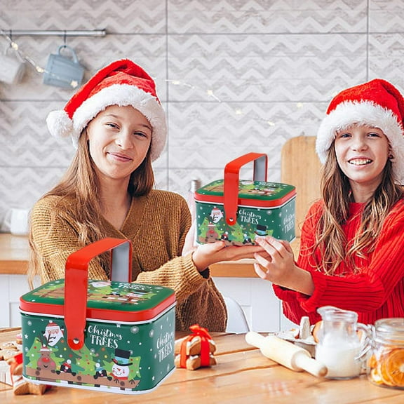 Feltree Christmas Tin Gift Box with Handle for Snacks Candy Cookies Portable Sealed Storage Holiday Party Favor