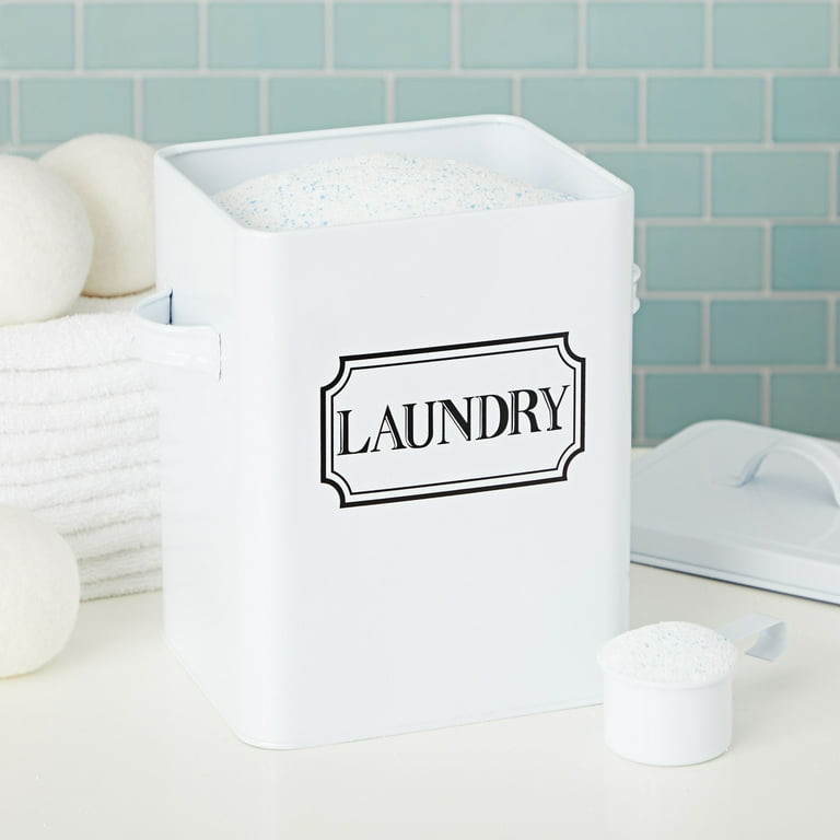 Laundry Detergent Container for Powder, Beads, and Pods, White Laundry Canister with Scoop for Bathroom Organizing and Storage, Modern Farmhouse