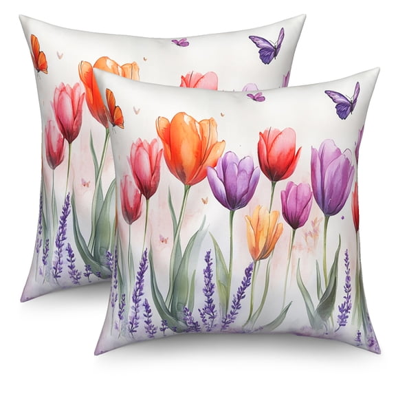 Spring Tulip Floral Throw Pillow Covers 18x18 Set of 2,Summer Lavender Flowers Pillowcase Cushion Cover for Couch Sofa Bed