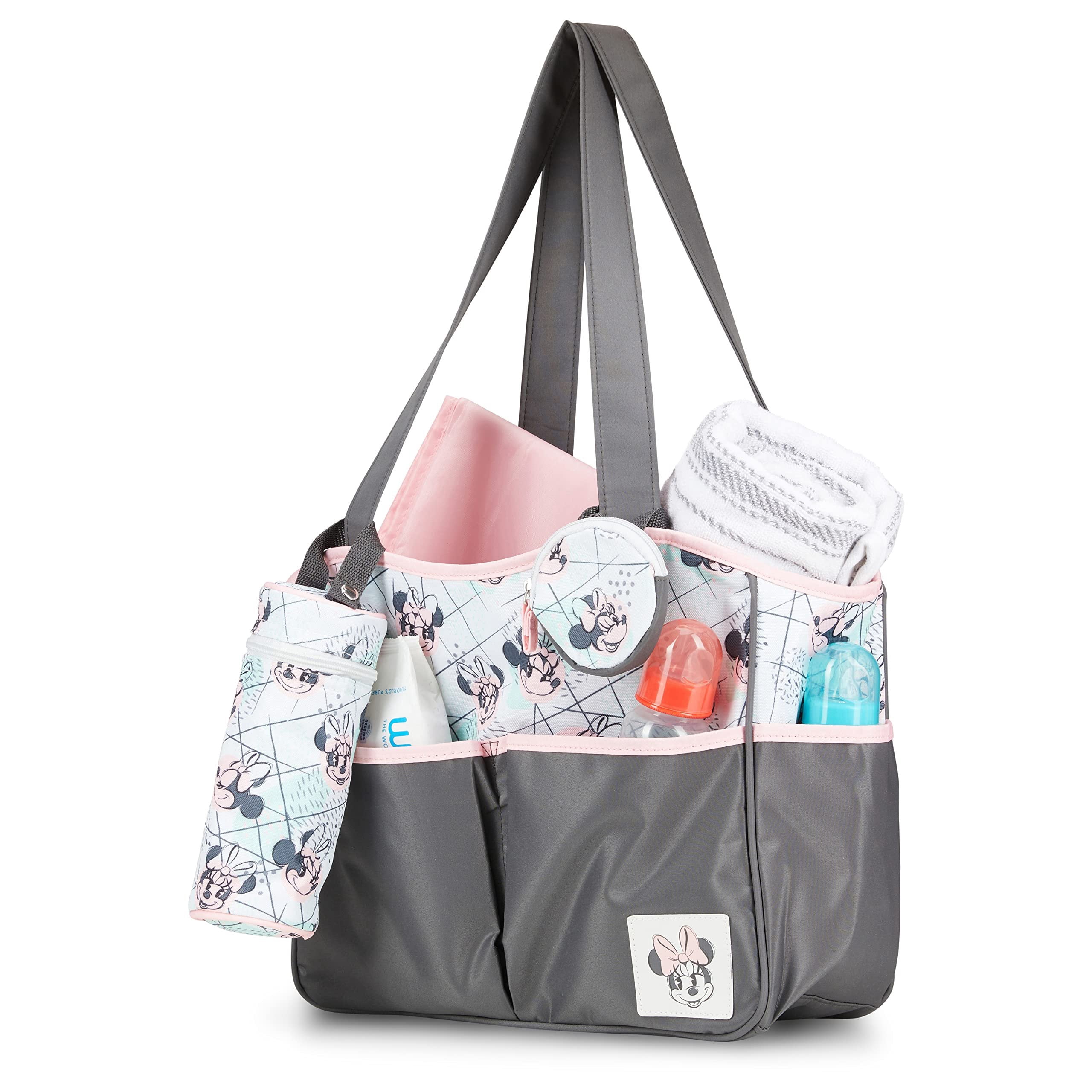Disney Baby Girl Tote Diaper Bag with Minnie, Gray, 4 Pieces
