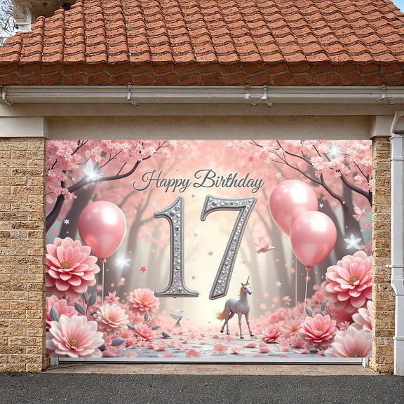 Pink Style 17th Birthday Banner Unicorn  Sweet 17 Backdrop Cherry Blossom Design Pink Balloons Birthday Celebration Background for 17th Birthday Party Teenage Celebration Girls' Birthday
