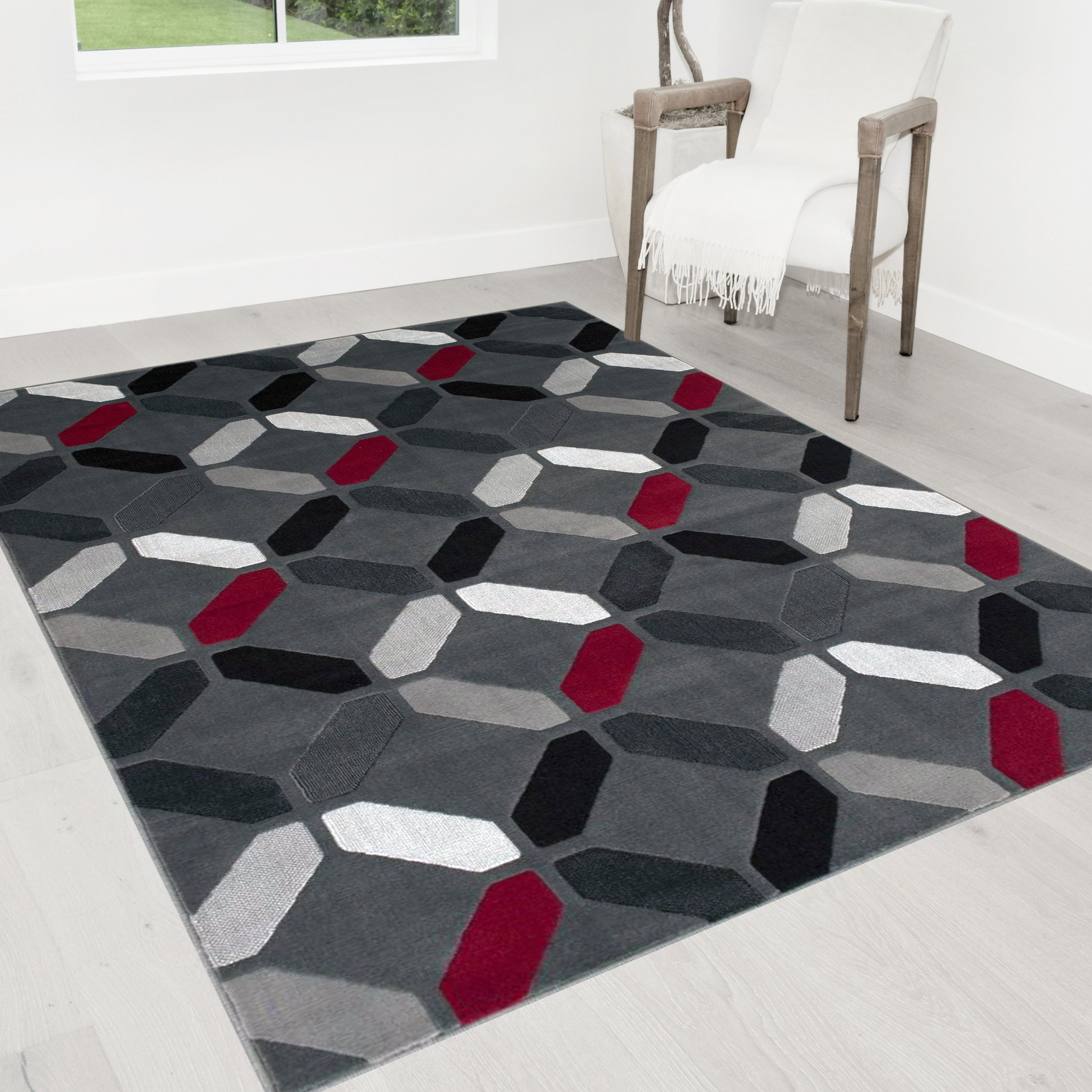 Geometric Design Modern Contemporary Livingroom Lava Red Grey Silver ...