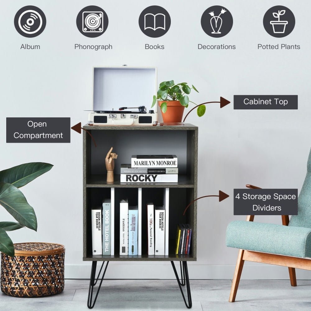 Demi Bonn Storage File Cabinet with Metal Legs, Freestanding Record Player Stand Record, Gray