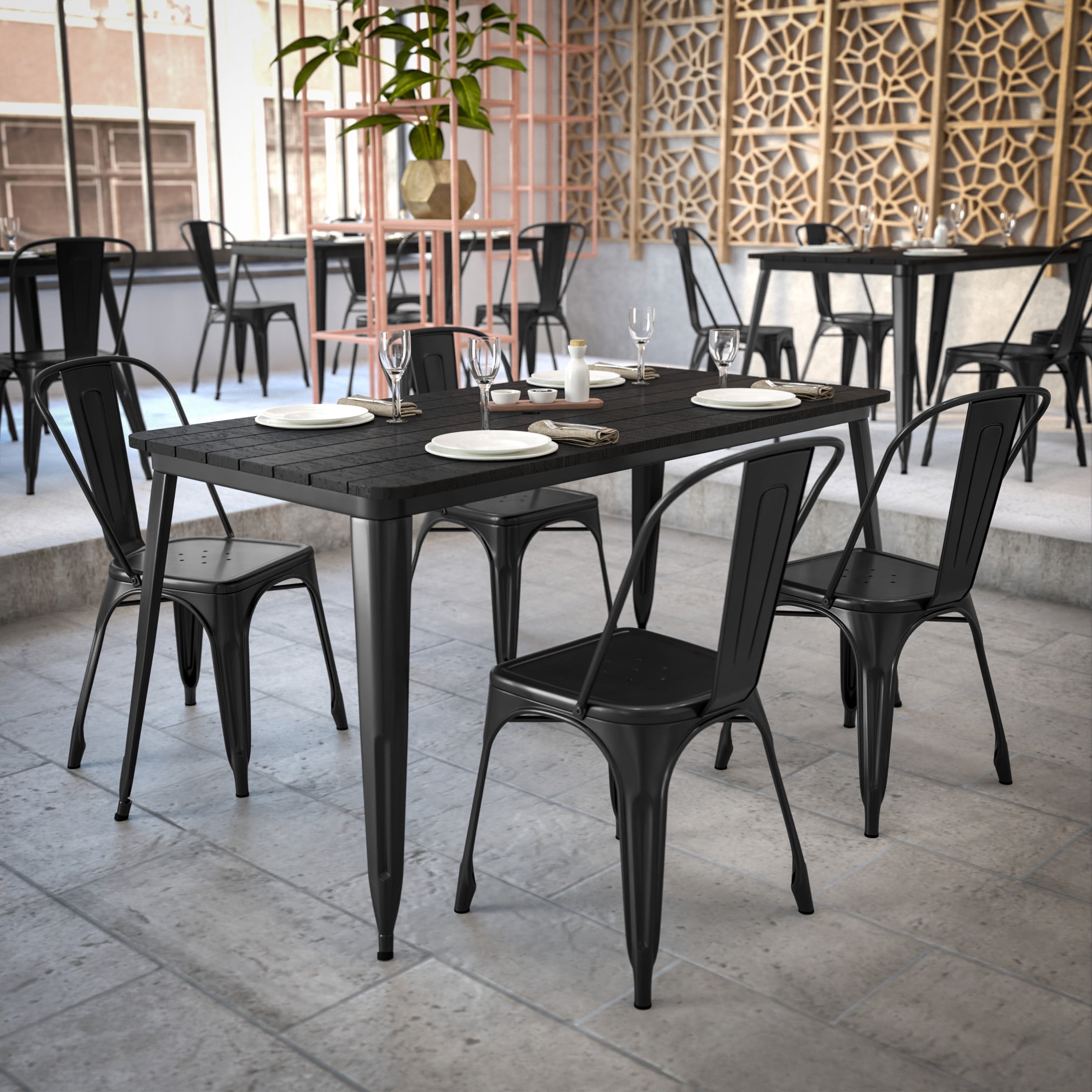 Flash Furniture Declan Commercial Indoor/Outdoor Dining Table with Umbrella Hole, 30" x 60" All Weather Black Poly Resin Top and Black Steel Base