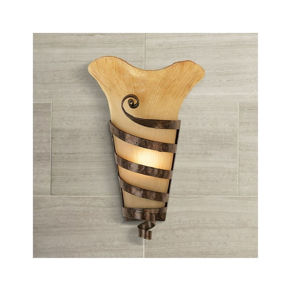 Franklin Iron Works Solara Rustic Wall Light Sconce Rust Iron Scroll Hardwire 10" Fixture Scavo Glass for Bedroom Bathroom Vanity Reading Living Room