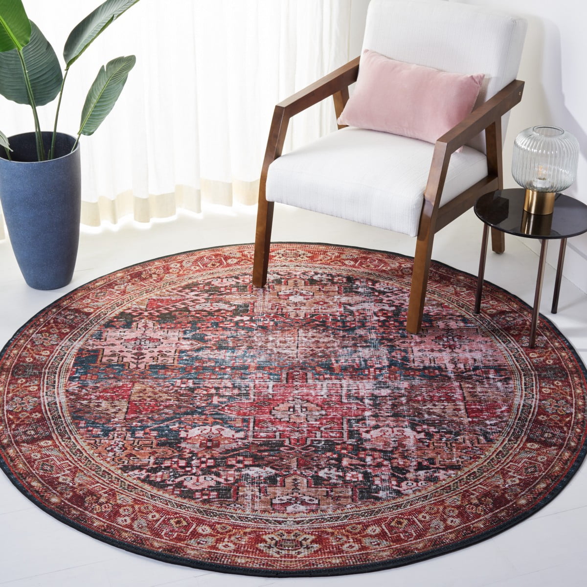SAFAVIEH Tucson Faith Traditional Machine Washable Area Rug, 6' x 6' Round, Rust/Green