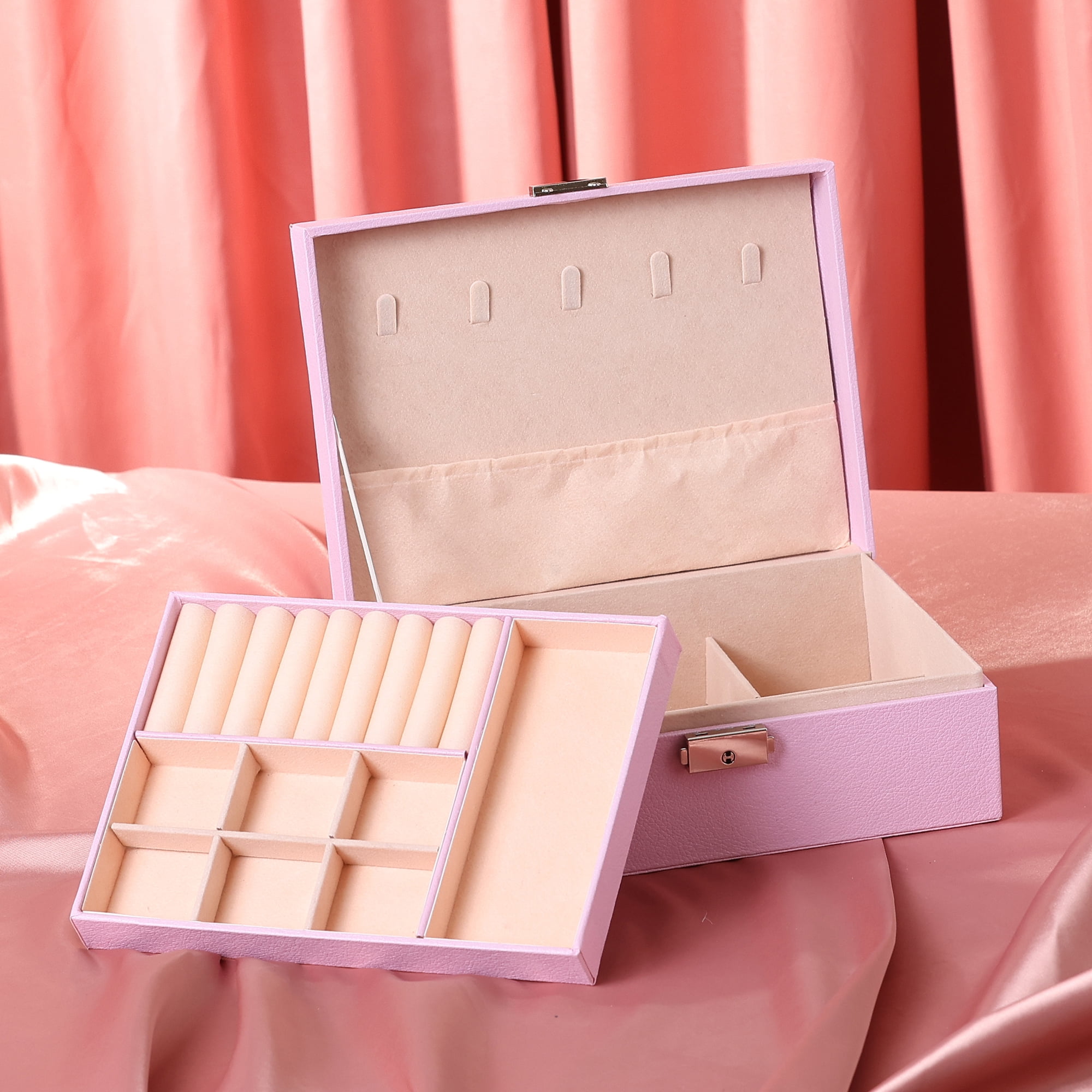 Unique Bargains Jewelry Box Small PU Leather Jewelry Organizer Case Storage Display Holder Pink