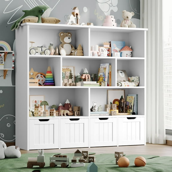Homfa 7 Cube Toy Storage Organizer, Kids Geometric Bookcase and Bookshelf with 4 Drawers, White