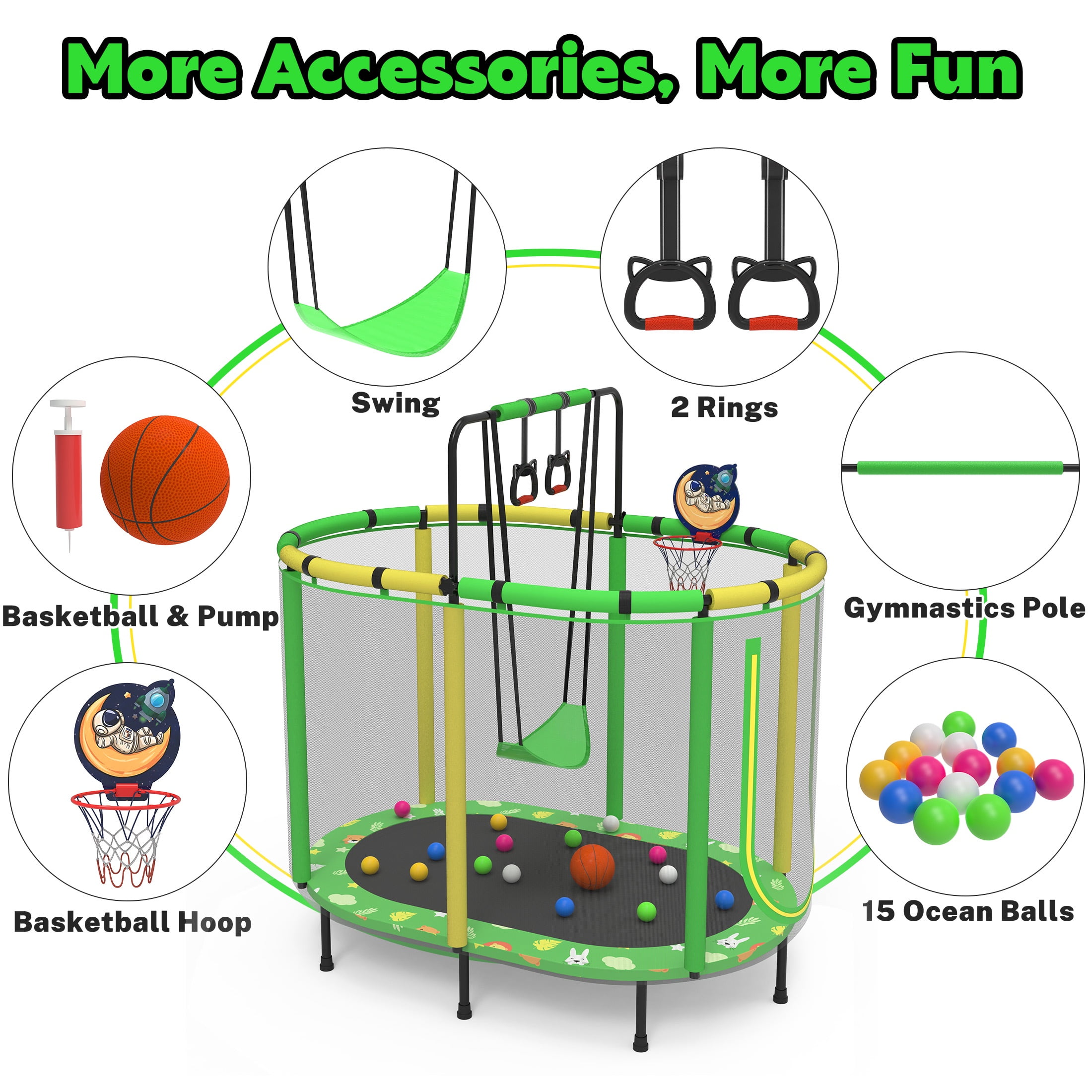 60" Toddler Trampoline with Safety Enclosure Net, SEGMART Upgraded Kids Trampoline with Basketball Hoop, Swing, Rings, Balls, Indoor Outdoor Mini Trampoline Birthday Gift for Kids Ages 3-9