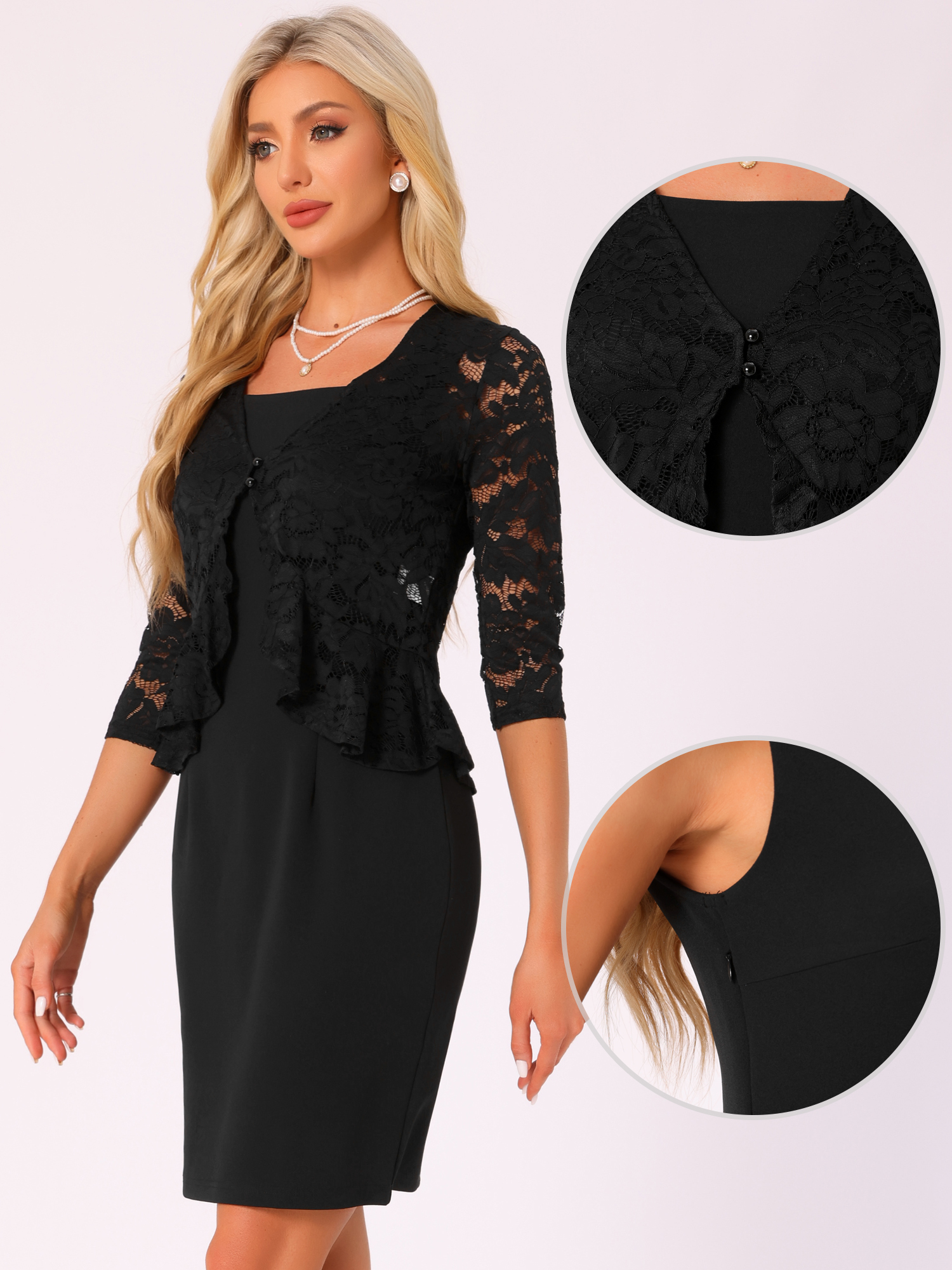 DARING DIVA Women's 2 Pieces Set Formal Sleeveless Dress and Lace Shrug L Black