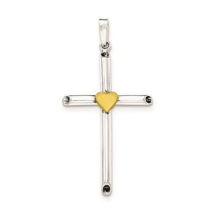925 Sterling Silver & Gold-plated Polished Hollow Cross Heart Charm Pendant