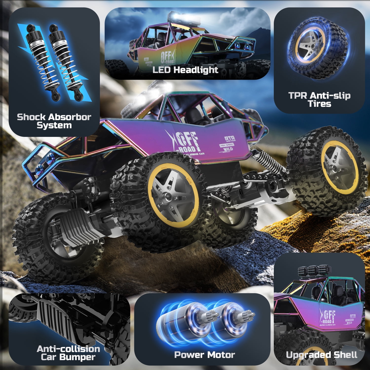 JoyStone 4WD RC Cars, 1:16 Off Road Monster Truck with LED Headlight Rock Crawler, 2 Batteries for 70+ Min Play, Gift Toys for Girls Kids Boys (Green & Purple)