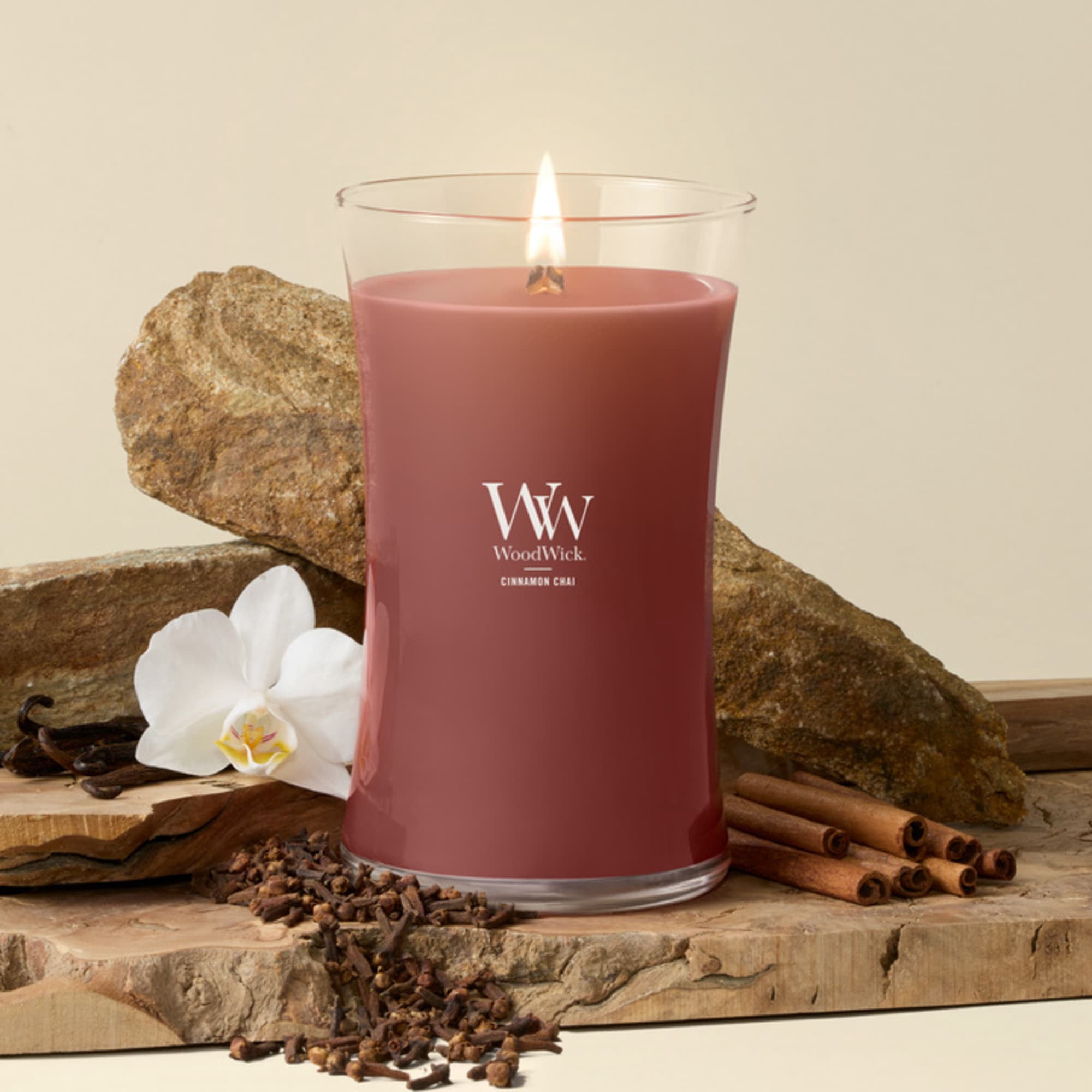 WoodWick Cinnamon Chai Scented Large Hourglass Candle, Crackles as it Burns, Perfect for Gifting, 21oz