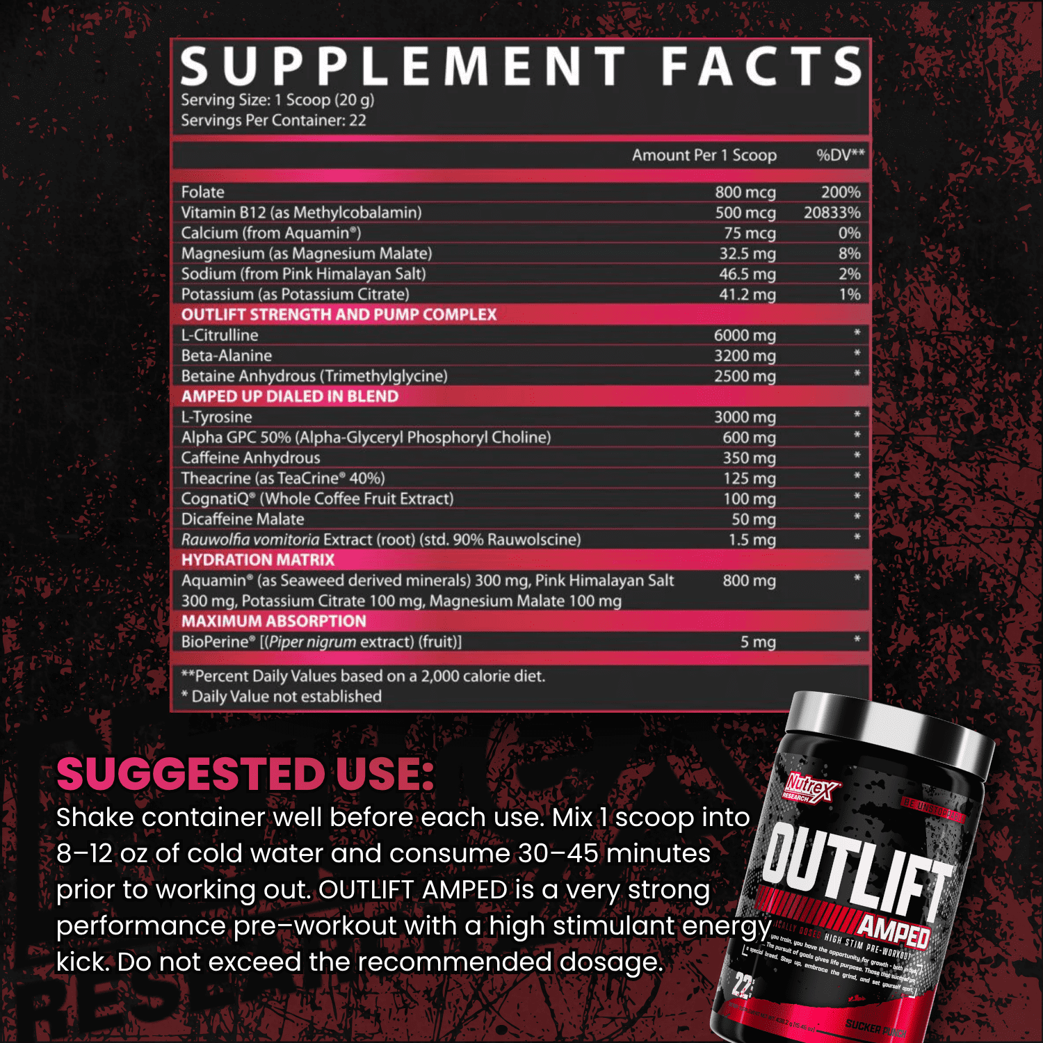 Nutrex Research OUTLIFT Amped Sucker Punch High Stim Pre Workout Powder 22 Servings
