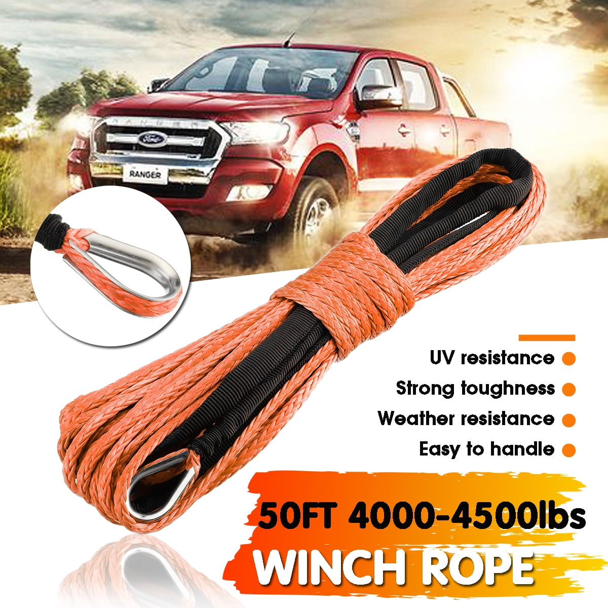 EOTH 1/4 x 50 Synthetic Winch Line Cable Rope with Black Protecing Sleeve for ATV UTV 7700LBs Lab Tested