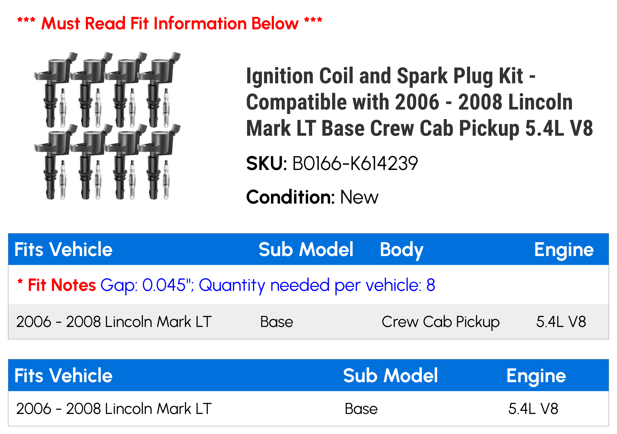 Ignition Coil and Spark Plug Kit - Compatible with 2006 - 2008 Lincoln Mark LT Base Crew Cab Pickup 5.4L V8 - Autopart Premium