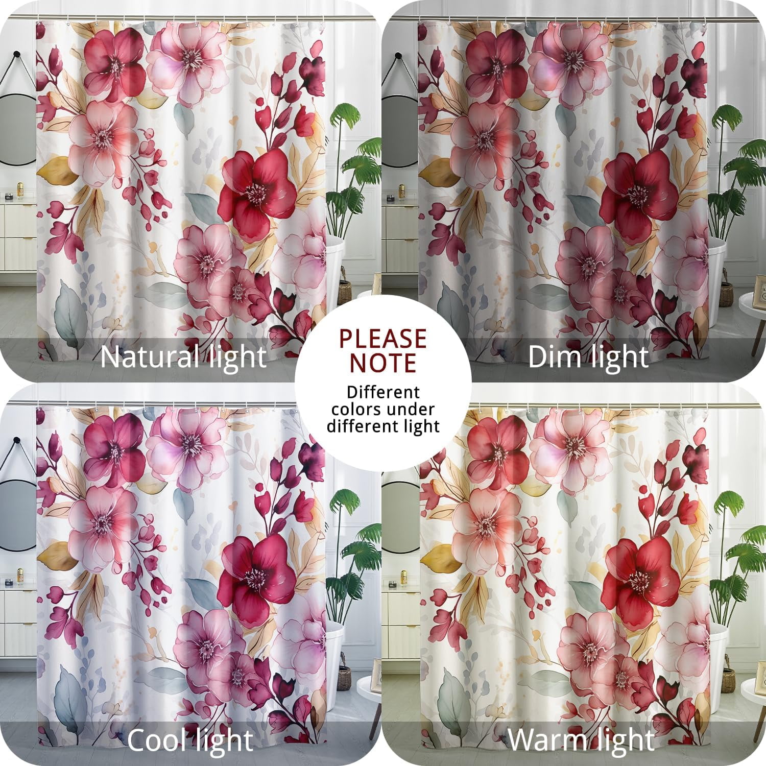 Pink Floral Shower Curtain Spring Watercolor Flower Shower Curtain Plant Bathroom Decor Polyester Fabric-72" x 78"