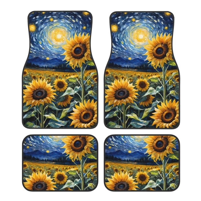 Kdxio Tapis de Sol Imprimé Tournesol Ciel Étoilé Universel SUV avant Arrière Ensemble Complet 4 Pcs avec Dos en Caoutchouc Antidérapant Accessoires de Voiture pour la Plupart des Voitures