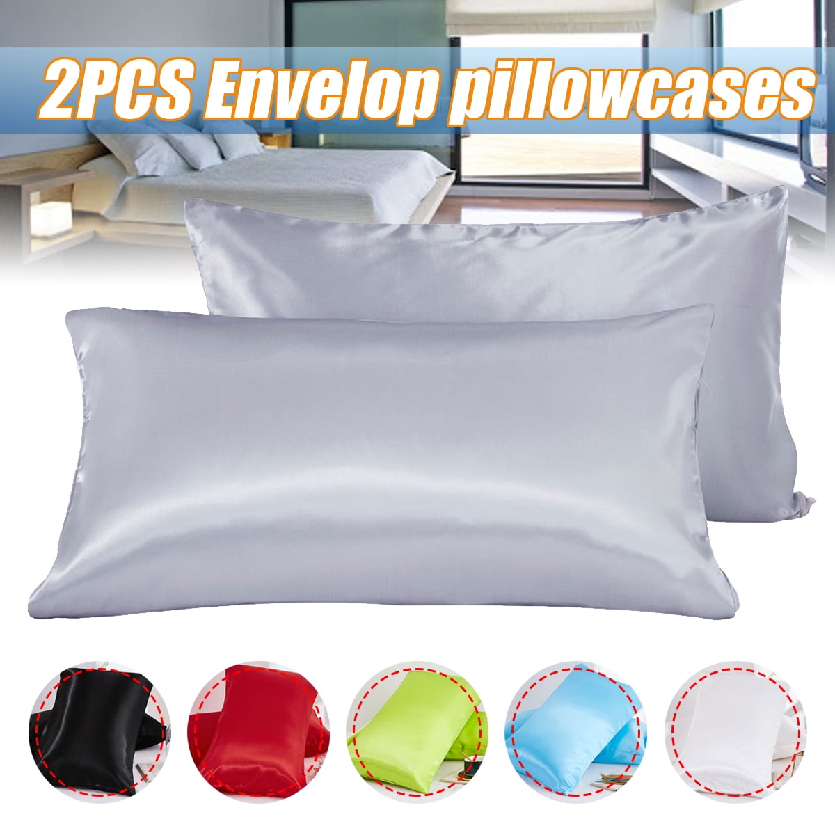 2PCS Pillowcase Solid Color Bedding Smooth Texture Envelope Closure