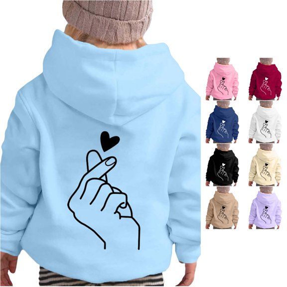 Oiyii Little Girl's Minimal Graphic Hoodie Long Sleeve Heart Hand Line Print Hooded Sweatshirt Outdoor Pullover Top,Sky Blue