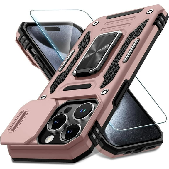 for iPhone 15 Pro Max Case with Slide Camera Cover Screen Protector(1 Pack), Rotated Ring Kickstand Military Grade Shockproof Protective Cover 6.7 Inch-Rose Gold
